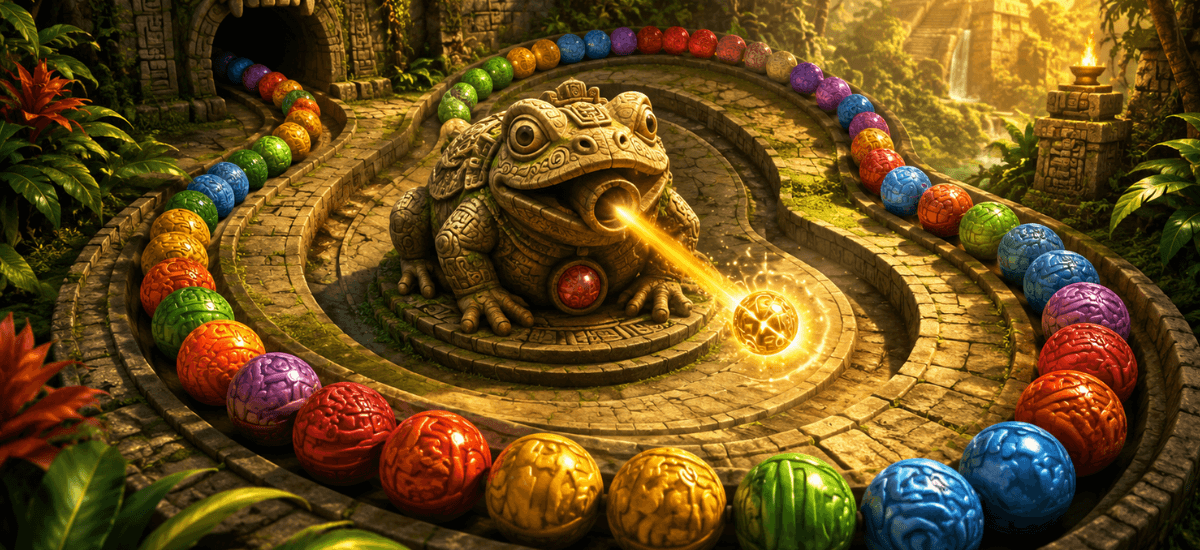 History of Zuma games — stone frog shooter and marble chain from the 2003 PopCap original