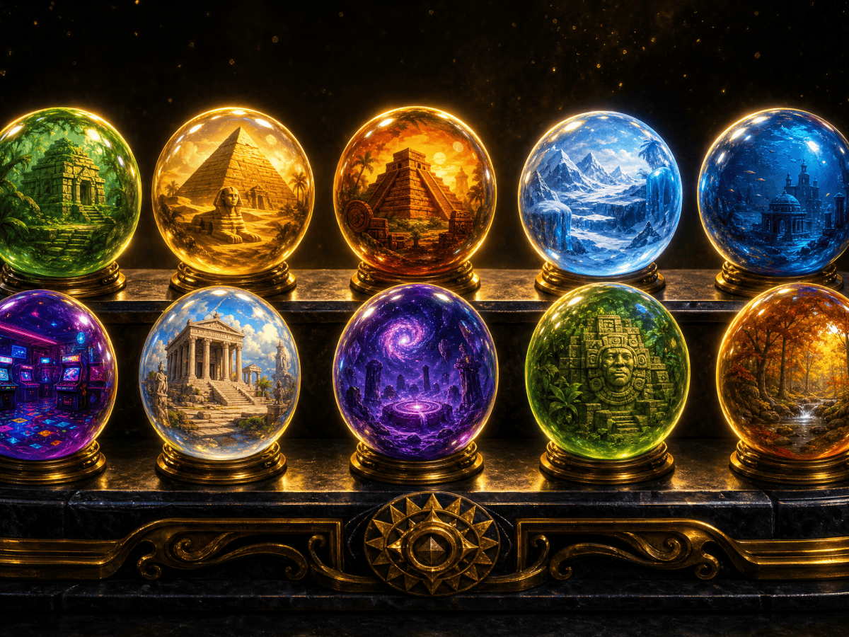 Magical spheres featuring famous monuments and symbols related to the popular game Zuma.