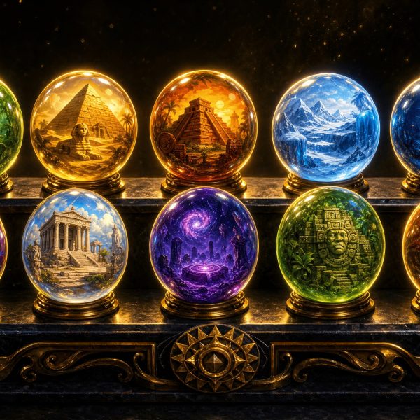 Magical spheres featuring famous monuments and symbols related to the popular game Zuma.