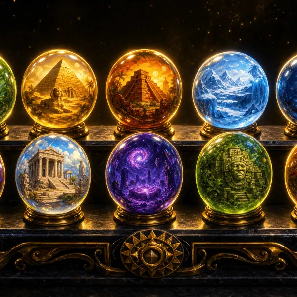 Magical spheres featuring famous monuments and symbols related to the popular game Zuma.