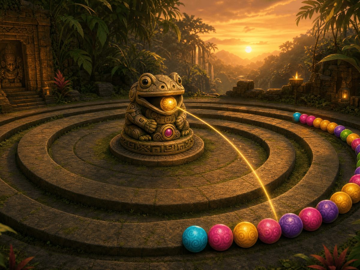 Stone crocodile statue with colorful balls in a tropical forest.