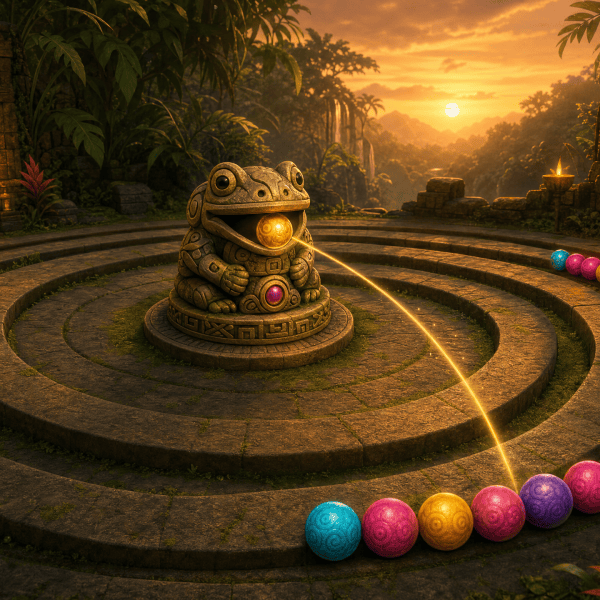 Stone crocodile statue with colorful balls in a tropical forest.