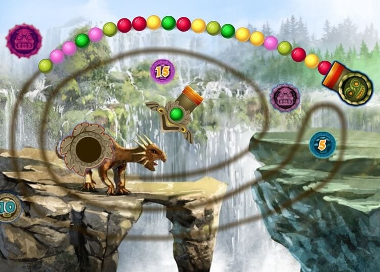 Lost Island 2 1 Game level with a dinosaur, platforms, and bonuses against a natural backdrop.