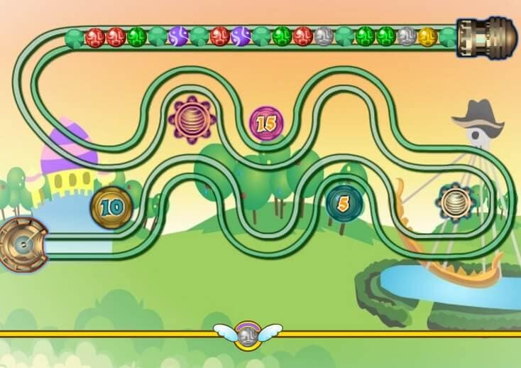 Zuma Ball 1 Game level with lines, bonuses, and points on a green background.