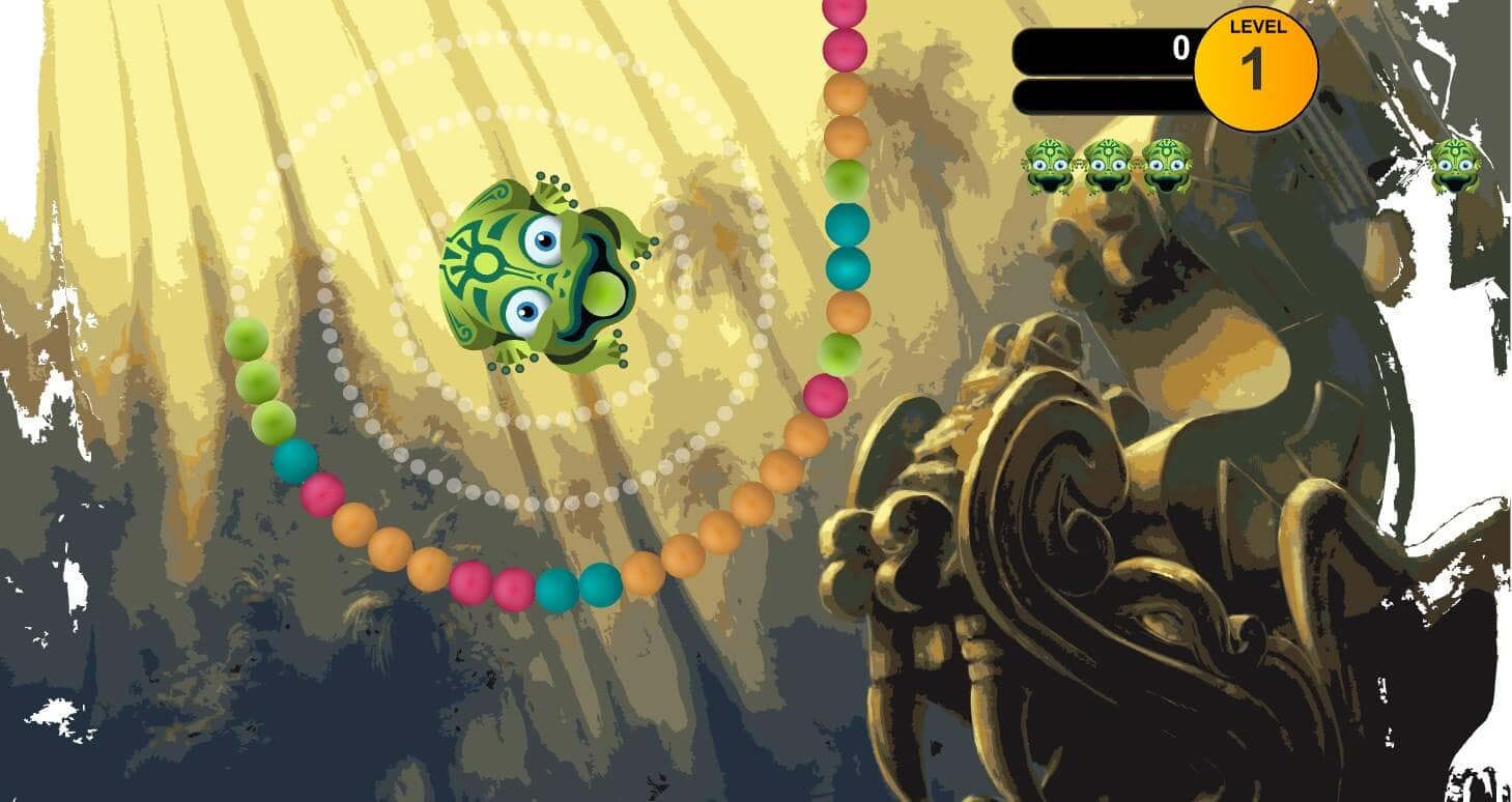 Zuma Game 1 "Snake" game with a sea creature against a forest and statue background.