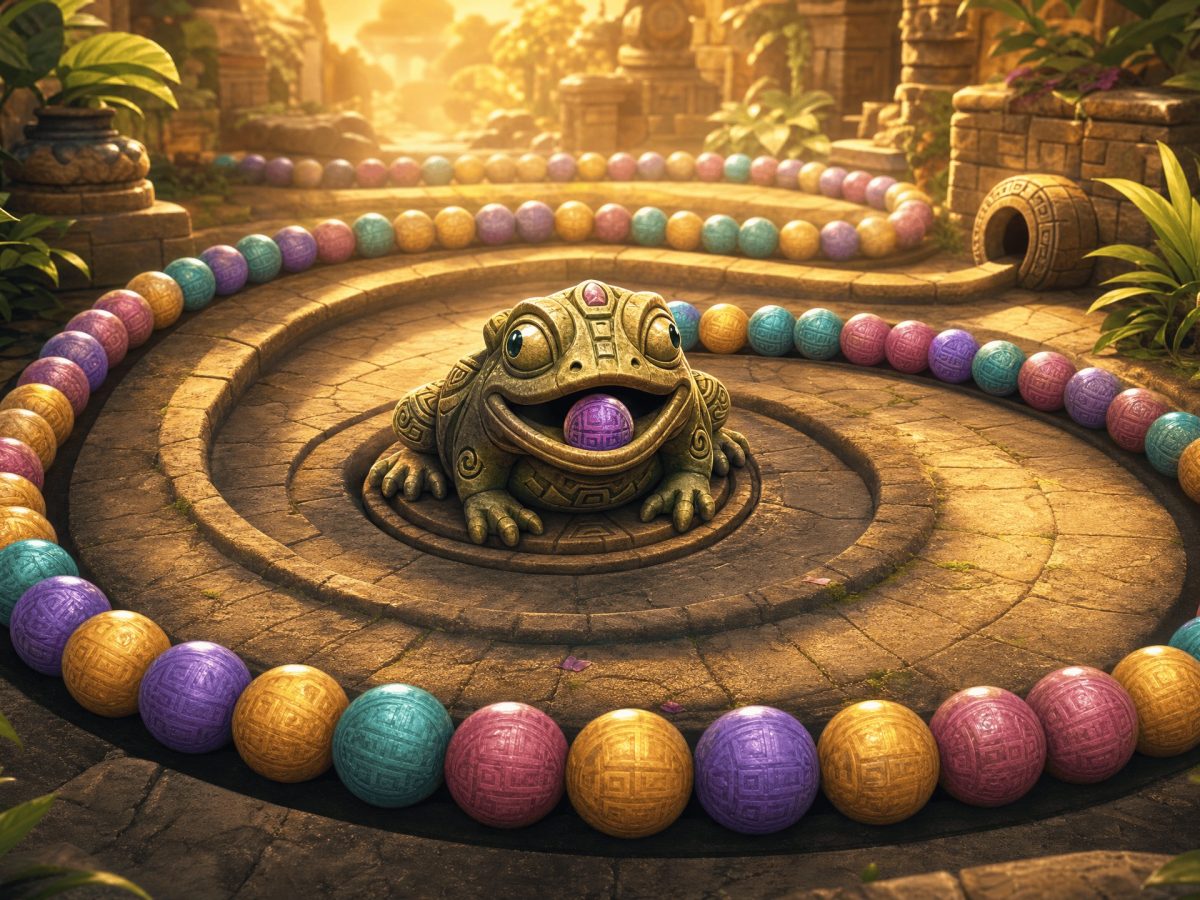 Zuma game for older adults with bright balls and a frog on ancient ruins.