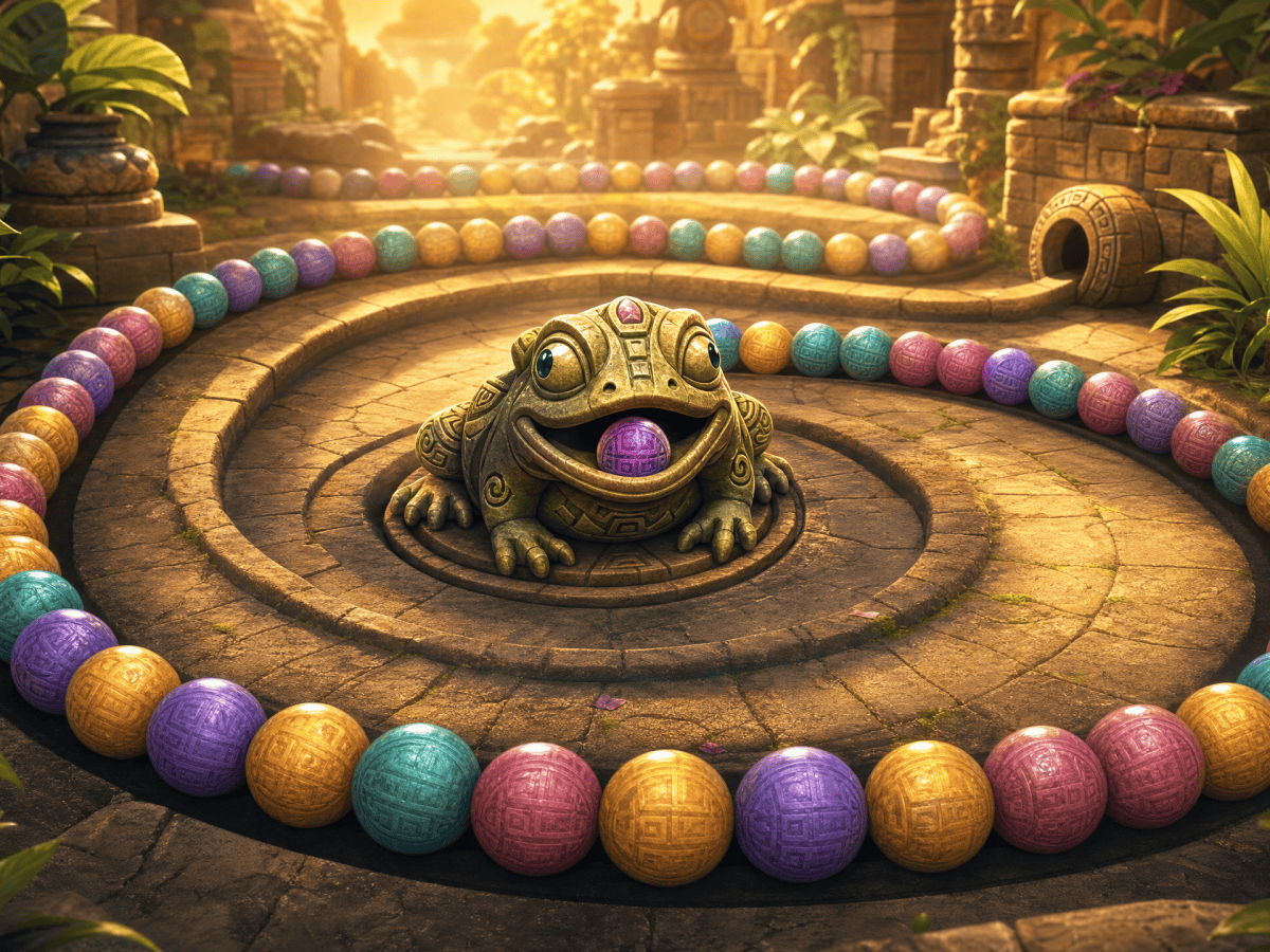 Zuma game for older adults with bright balls and a frog on ancient ruins.