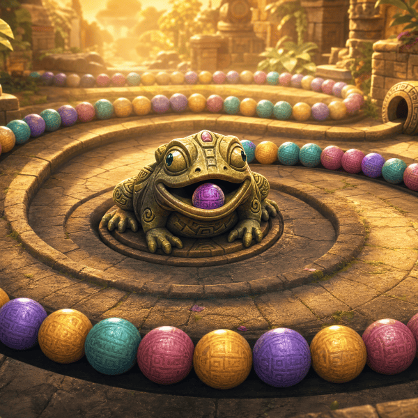 Zuma game for older adults with bright balls and a frog on ancient ruins.