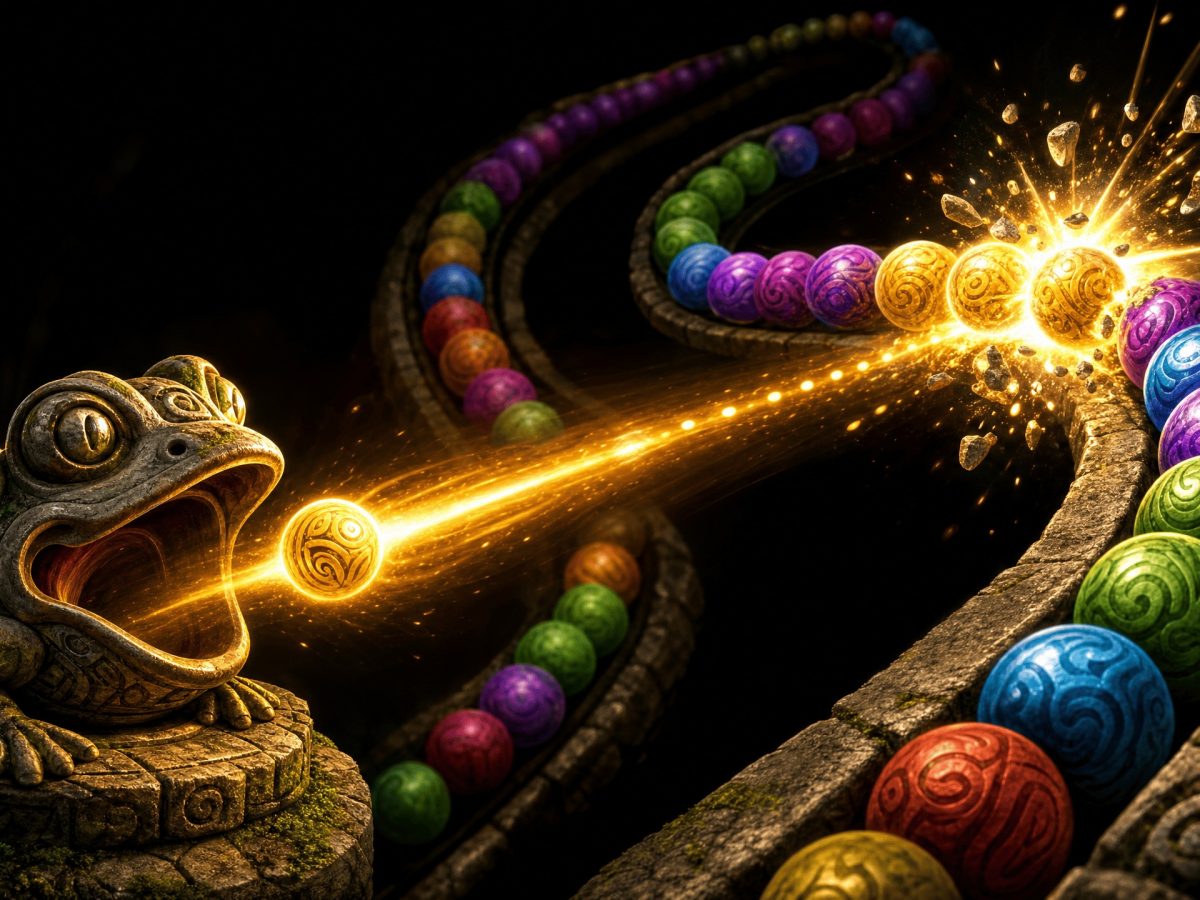 Mascot frog with a magical snake of colorful balls.