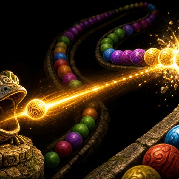 Mascot frog with a magical snake of colorful balls.